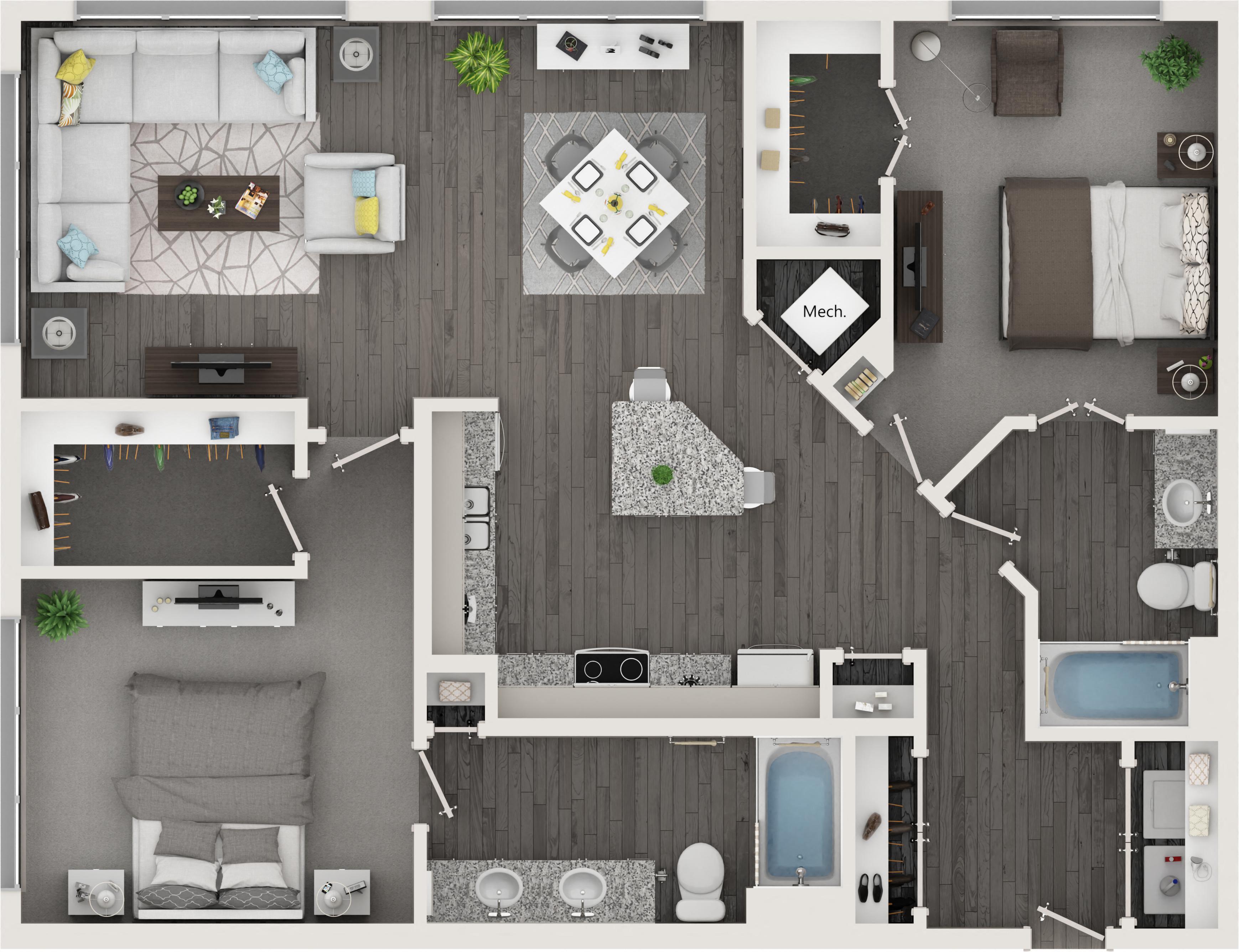 Floor plan for 2 beds, 2 baths, 1238 sqft